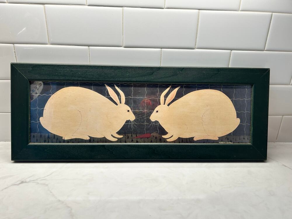 Vintage Warren Kimble Print Folk Art with Two Rabbits and a Carrot Framed